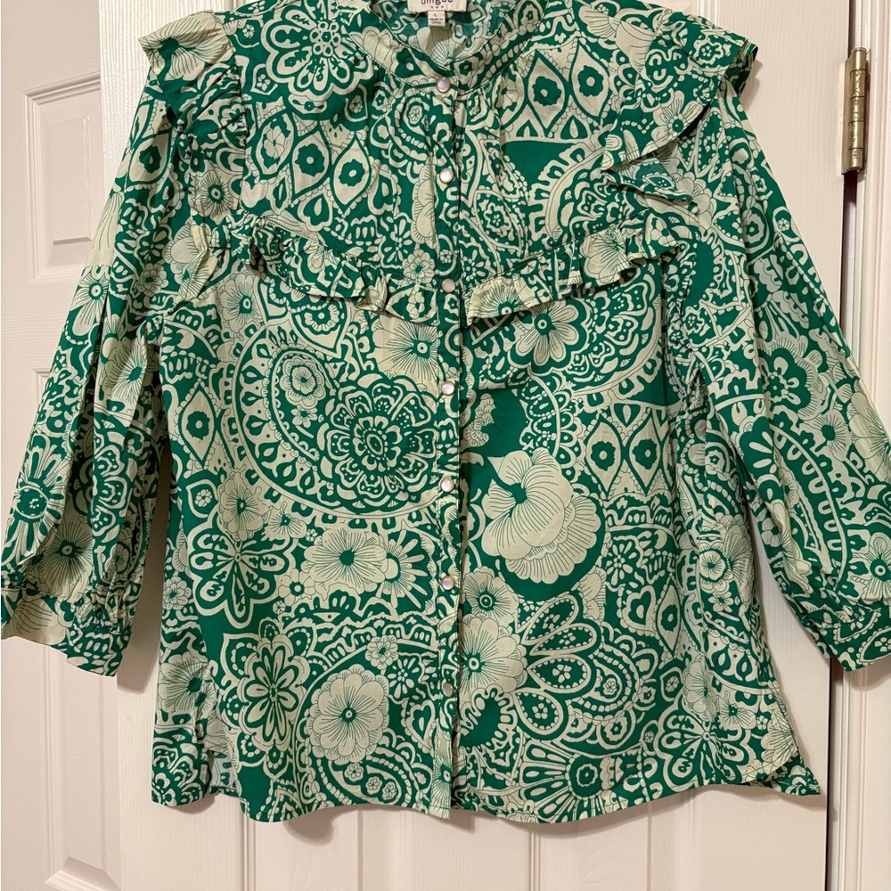 Umgee Green and Cream Patterned Blouse
